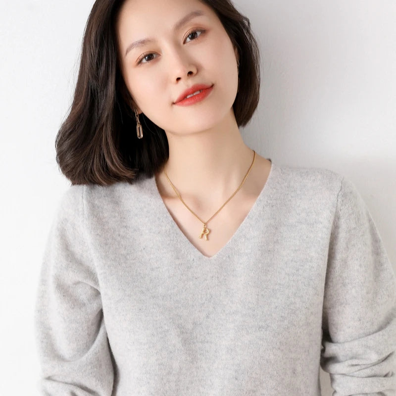 Pure Wool V-Neck Loose Pullover Sweater Basic Style All-Match Knitted