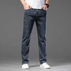 Stretch Loose Jeans Classic Straight Business Casual Elastic Waist Denim Trousers