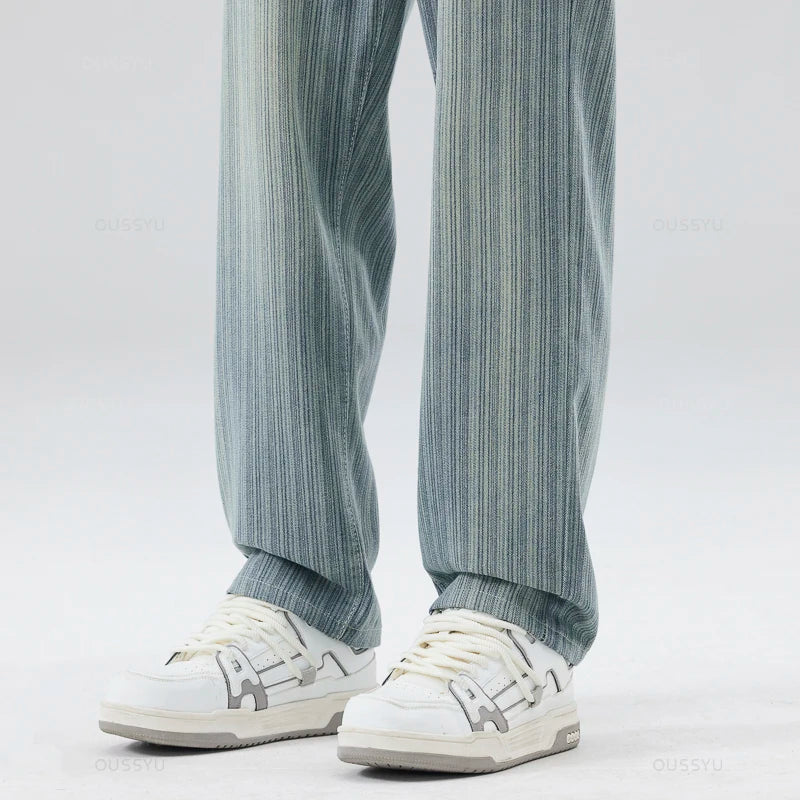 Classic Retro Stripes Men's Jeans Baggy Straight Denim Pants