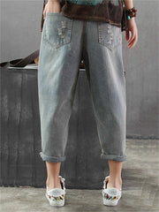 Fashion Style Vintage Embroidery Ankle-length Denim Jeans