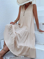 Casual Summer Midi Dress Women Sleeveless Tank V Neck Buttons Ruffle