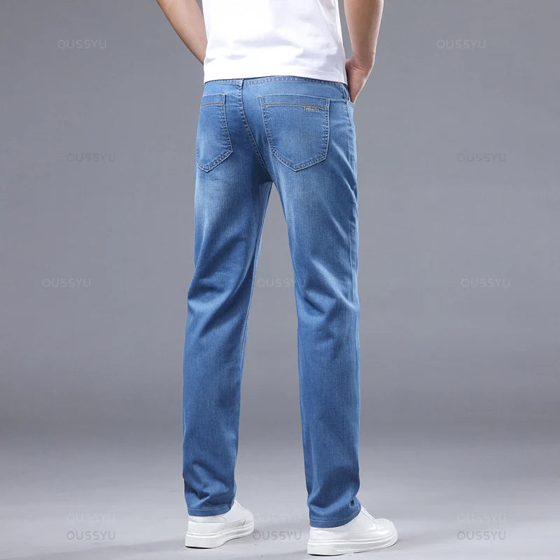 Men's Jeans Straight Blue Jean Casual Business Denim Trousers