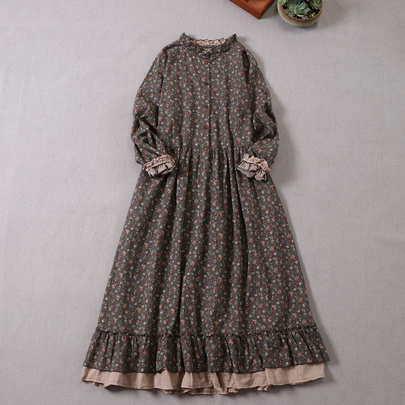 Vintage Floral Print Ruffled Cotton Retro A-line Dresses