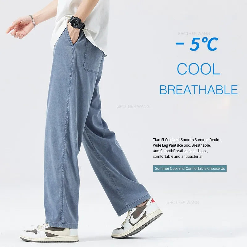 Summer Thin Baggy Lyocell Jeans Men's Fashion Ice Silk Elastic Waist Fashion