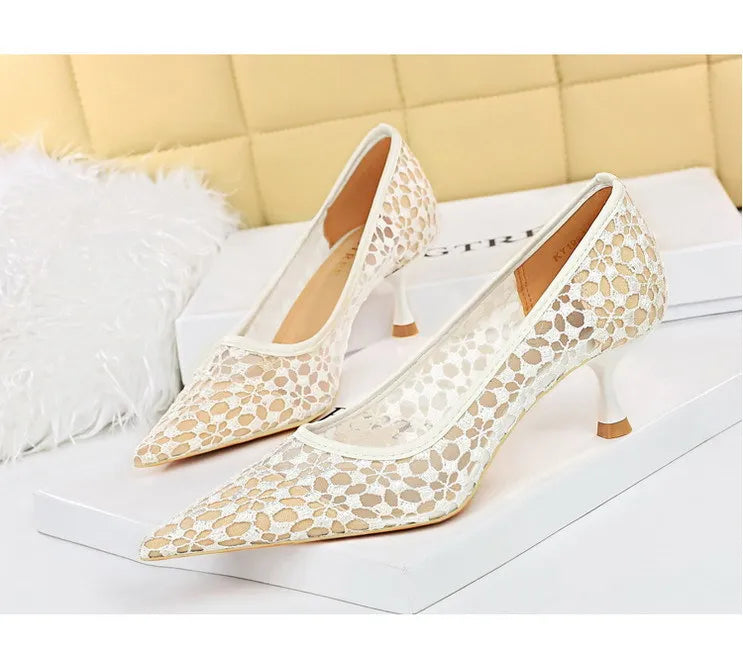 Shoes Mesh Cutout Lace Women Pumps Heels Fashion