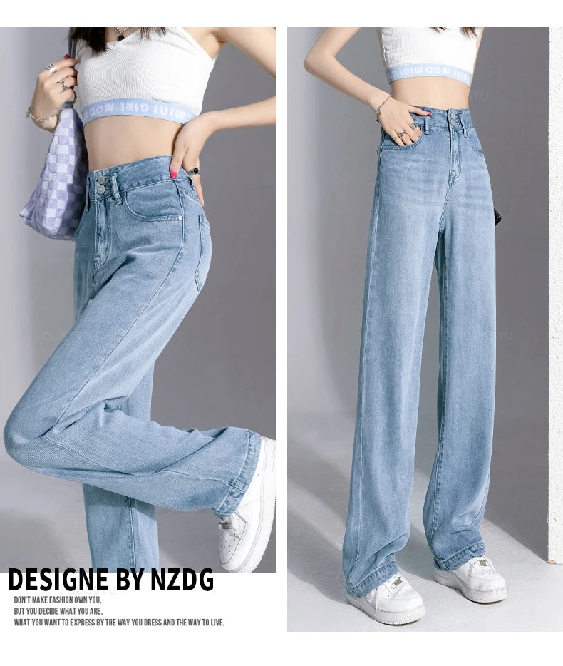 Summer Wide-Leg Jeans High Waist Trousers Loose Straight Pants