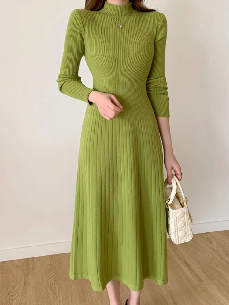 Long Sleeve Party Midi Knitted Half High Collar Knitted Sweater Dresses