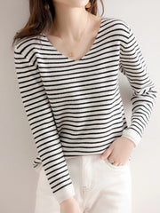 Striped V-neck Women's All-Match Loose Sweater