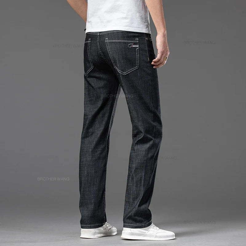 Plus Size Men's Thin Jeans Classic Straight Loose Elastic Denim Pants