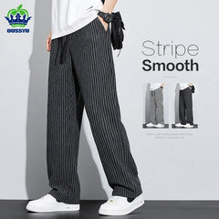 Summer Stripe Casual Pants Men Wear Loose Straight Wide Leg