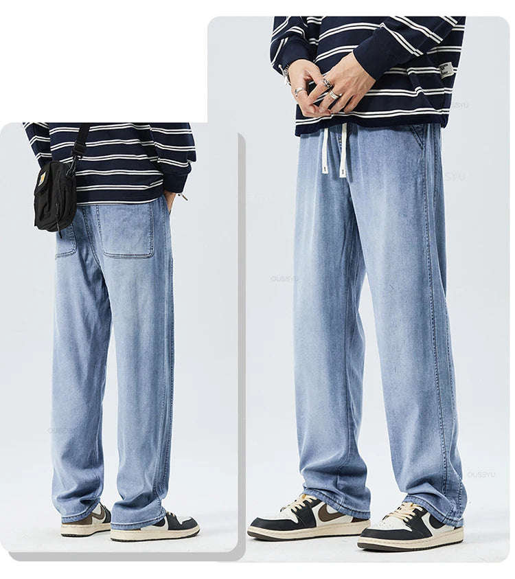 Jeans Men Elastic Waist Loose Straight Thick Denim Trousers