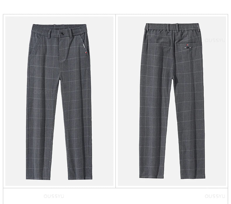 Plaid Work Stretch Pants Men Business Fashion Casual Pant Trousers