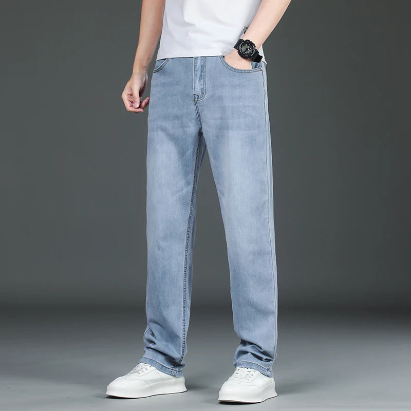 Summer Men's Thin Jeans Loose Straight Business Casual Trousers