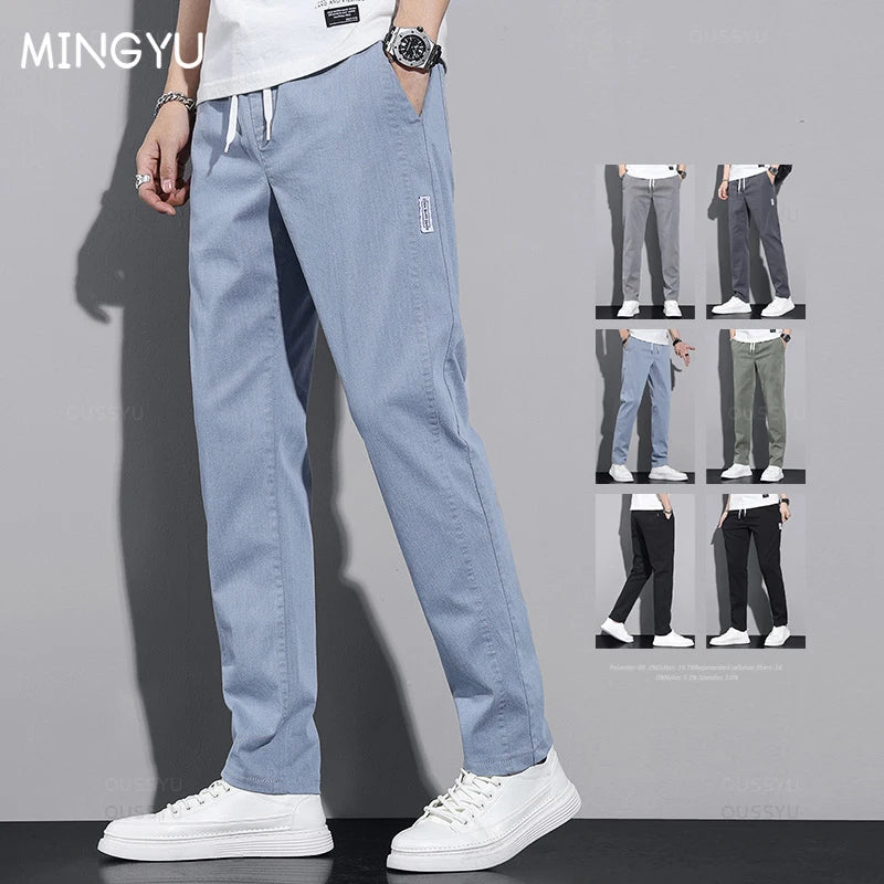 Men's Casual Pants Classic Drawstring Elastic Waist Thin Cargo Trousers