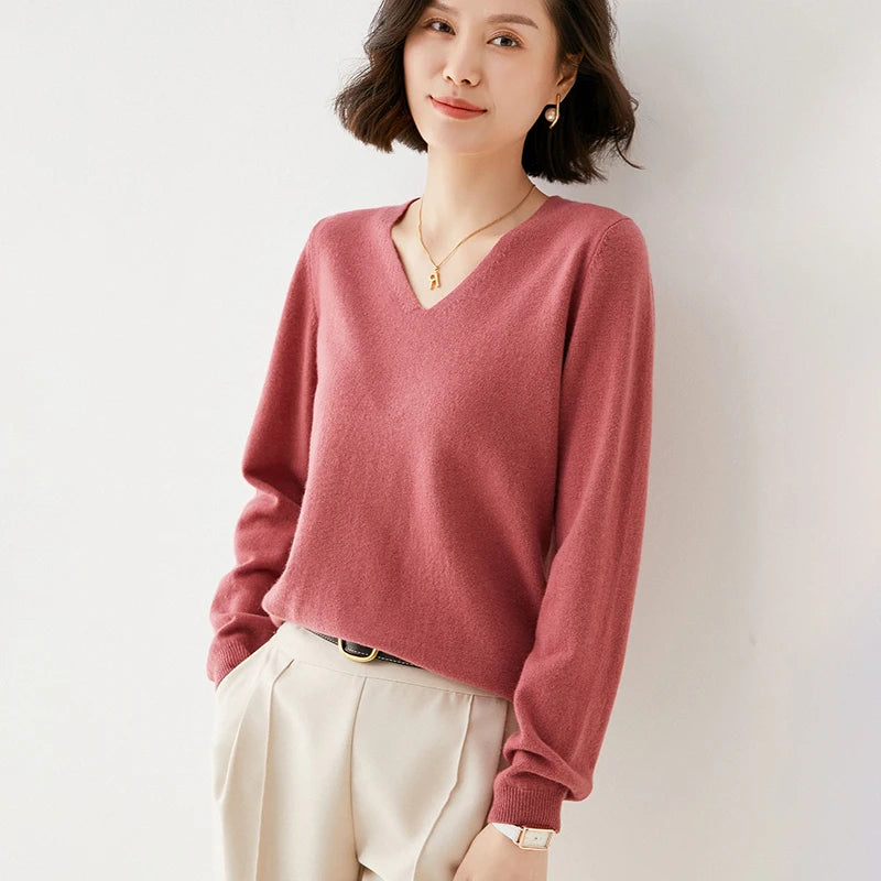 Pure Wool V-Neck Loose Pullover Sweater Basic Style All-Match Knitted