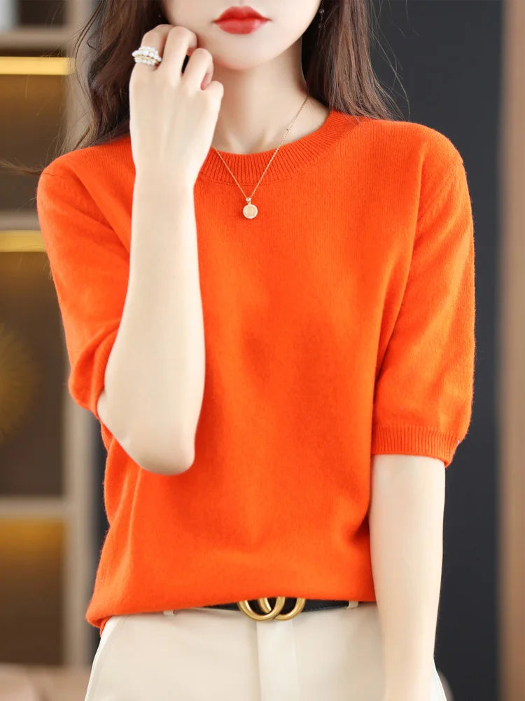 Short-sleeved Knitwear Women O-neck T-shirt Blend Pullover Sweater