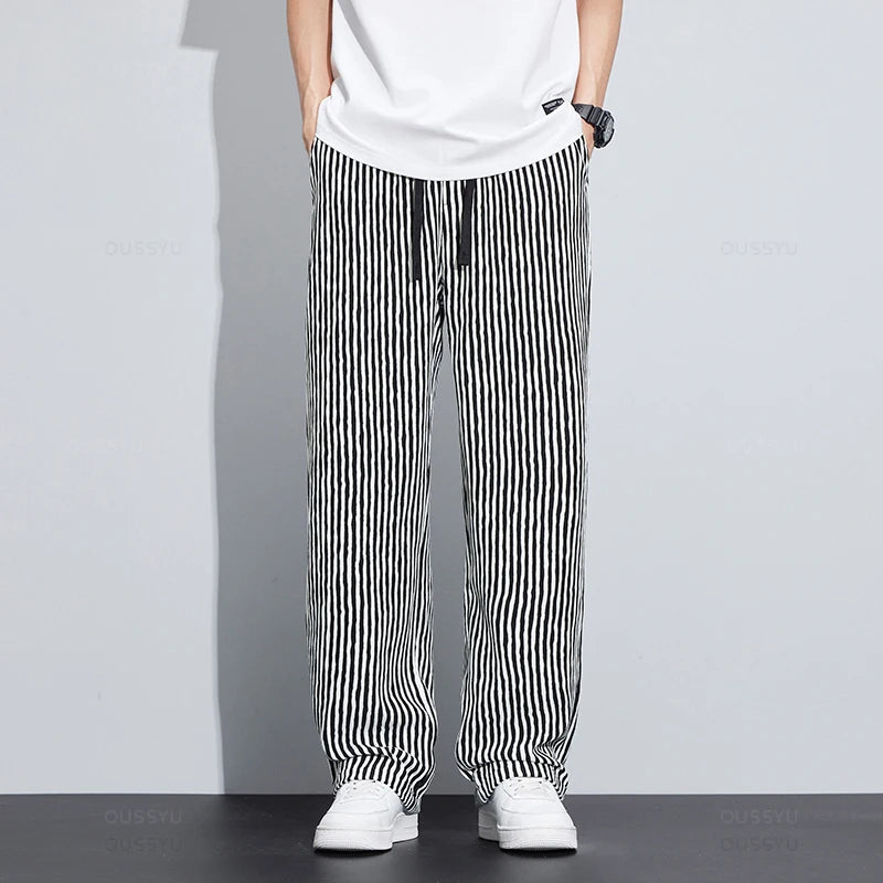 Summer Stripe Casual Pants Men Wear Loose Straight Wide Leg