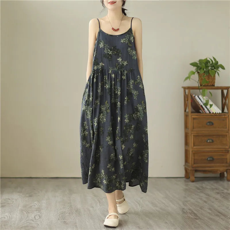 Summer Sleeveless Spaghetti Strap Print Vintage Long Dresses