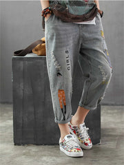 Fashion Style Vintage Embroidery Ankle-length Denim Jeans