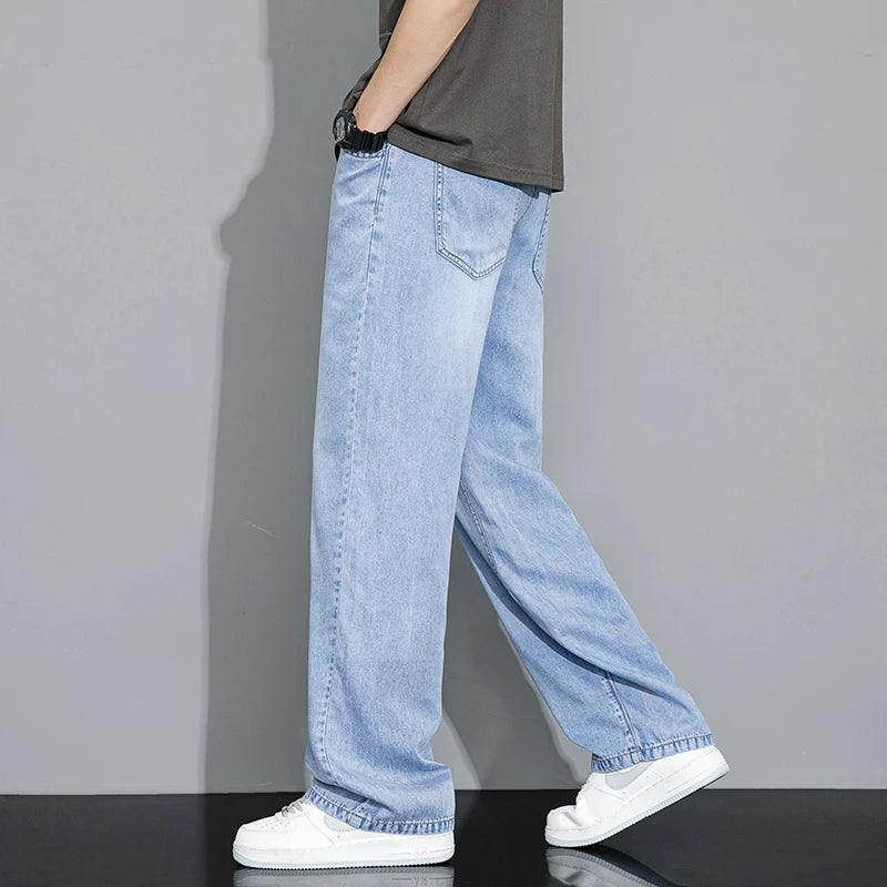 Men's Baggy Jeans Drawstring Elastic Waist Fashion Denim Wide-leg