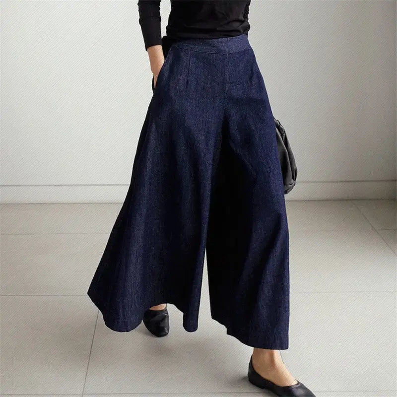 Women High Waist Over Length Jeans Pants Loose Trousers Pockets