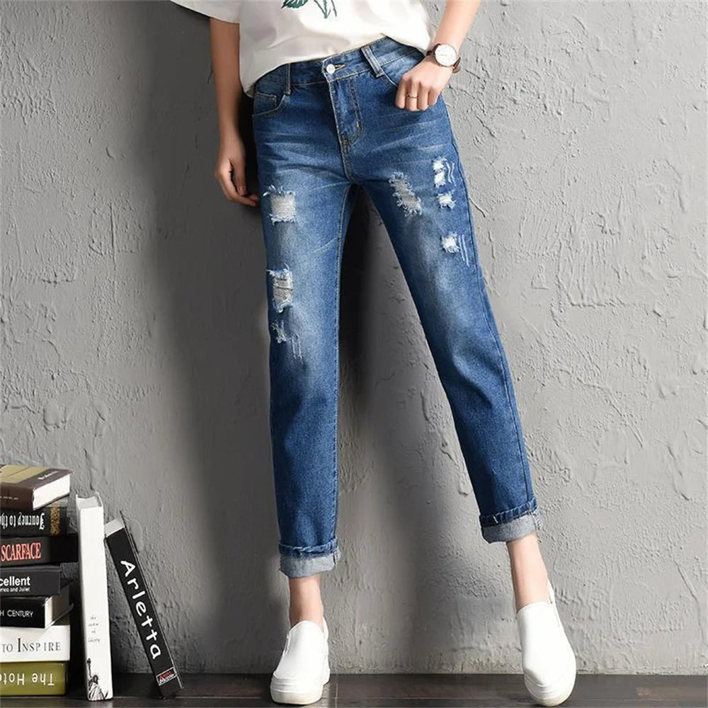 Fashion Mid Waist Boyfriend Big Ripped Hole Casual High Street Denim