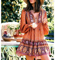 Floral Vintage Mini Dresses Boho Long Sleeve Hippie Ruffles Style