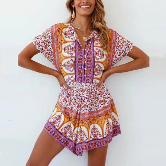 Boho Beach Short Sleeve Playsuits For Women Vintage Floral Print Rompers