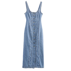 Women front buttons denim midi camisole dress vintage round neck