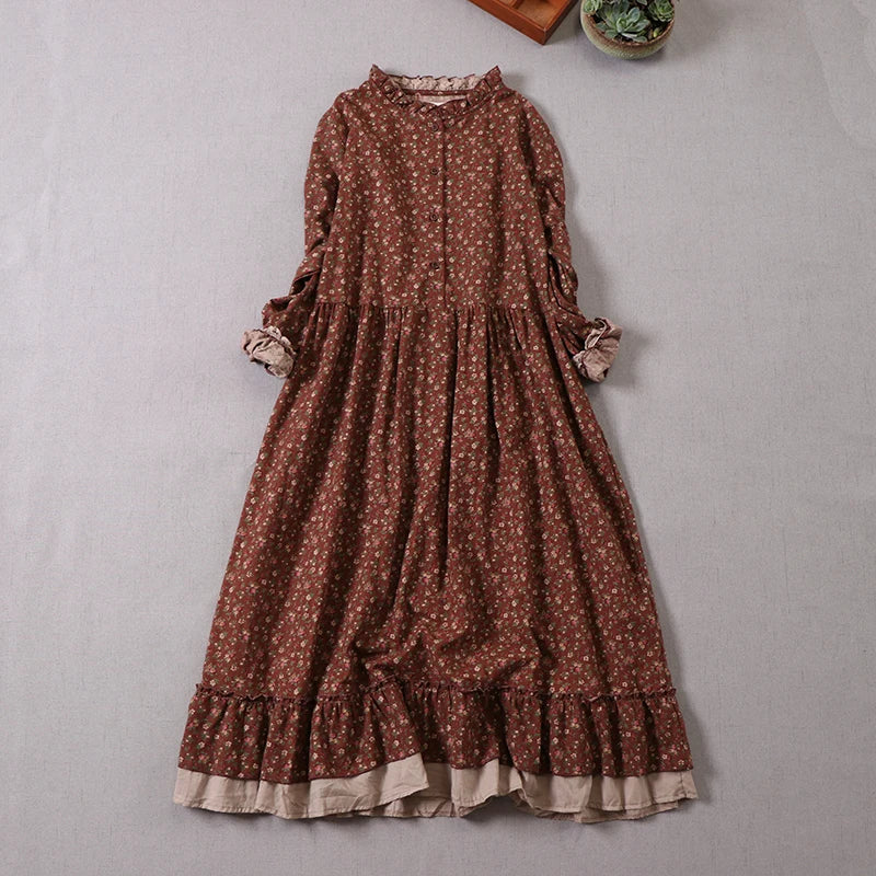 Vintage Floral Print Ruffled Cotton Retro A-line Dresses