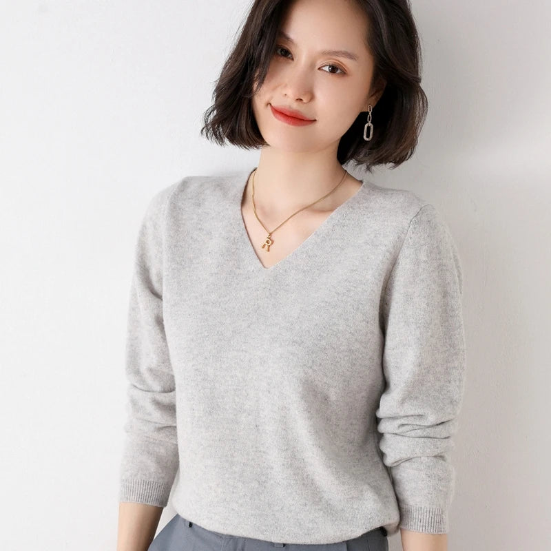 Pure Wool V-Neck Loose Pullover Sweater Basic Style All-Match Knitted