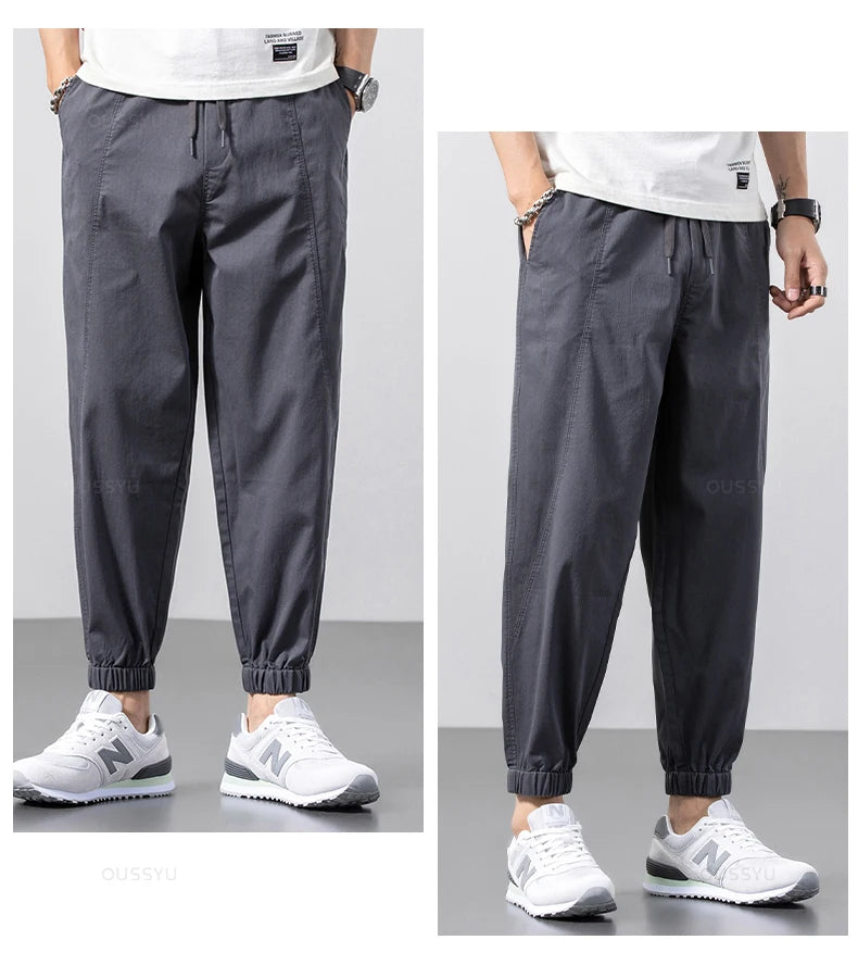 Summer Cotton Stretch Ankle Length Casual Pants Cargo Elastic Harem