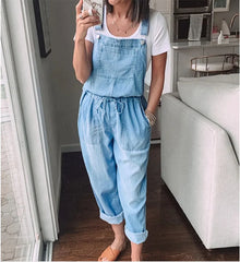 Sleeveless Cotton Blue Denim Jumpsuits Casual Drawstring Waist L