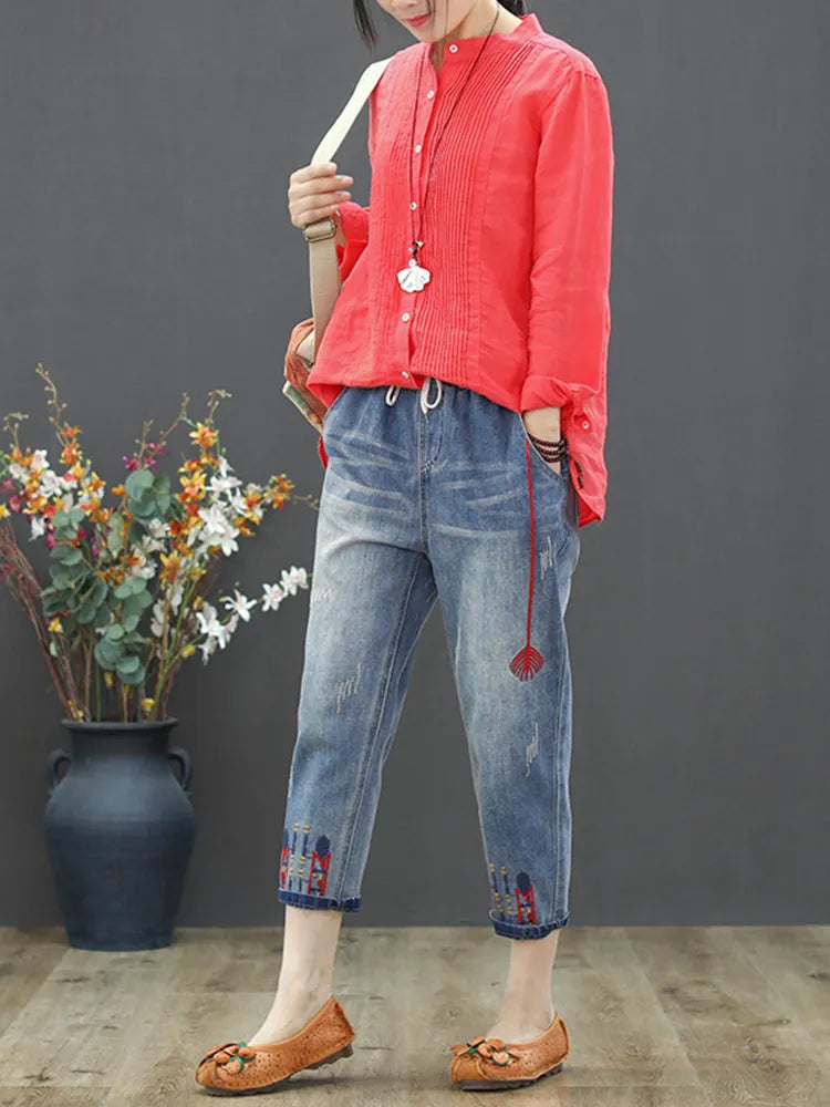 Fashion Ripped Loose Jeans Casual Embroidery Denim Trousers Vintage