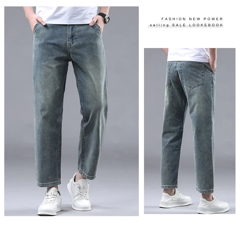 Straight Thin Jeans for Men Classic Style Stretch Ankle-Length Pants