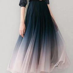 Elegant Tulle High Waist Gradient Mesh Pleated Midi Skirt