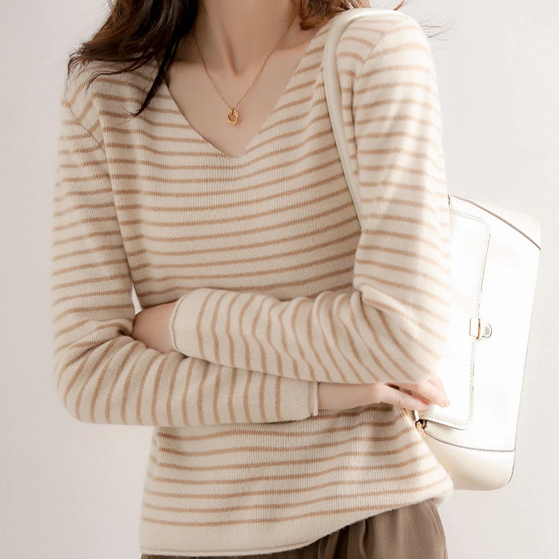 Striped V-neck Women's All-Match Loose Sweater