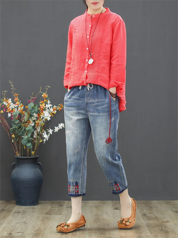 Fashion Ripped Loose Jeans Casual Embroidery Denim Trousers Vintage