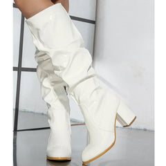 Fashion Pleated Round Toe  Knee-High Boots Zipper Square High Heels