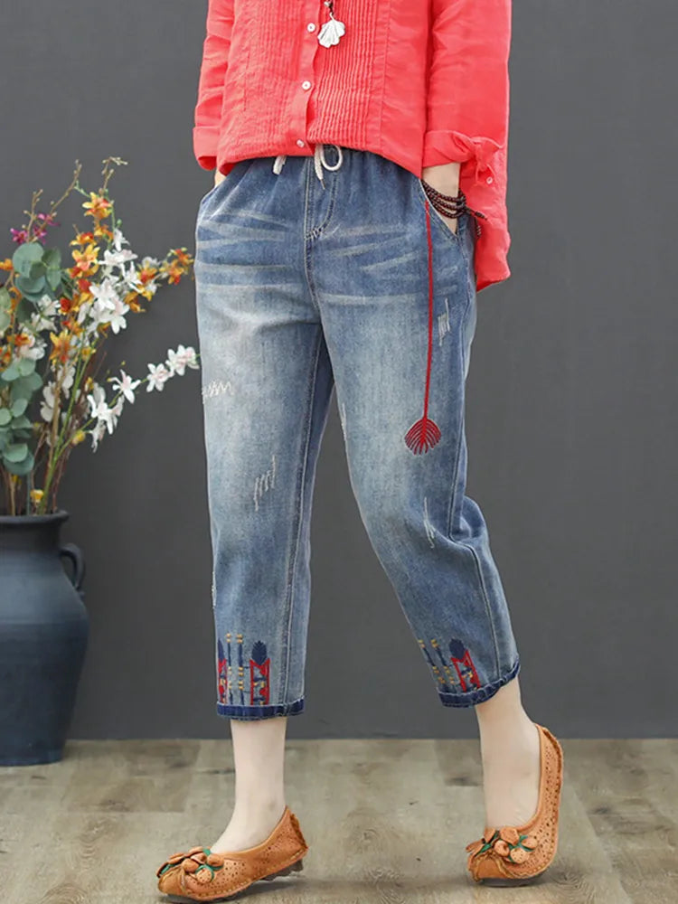 Fashion Ripped Loose Jeans Casual Embroidery Denim Trousers Vintage