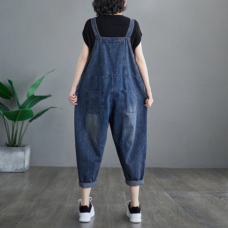 Woman Vintage Solid Color Denim Sleeveless Overalls