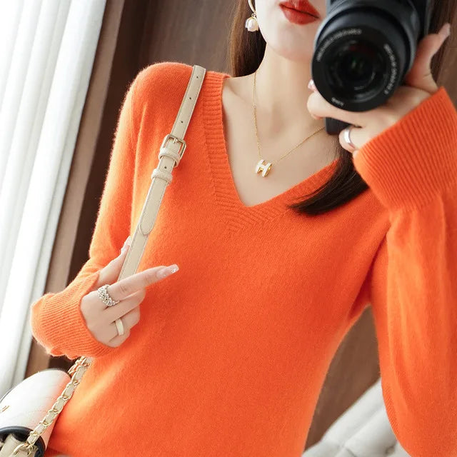 Women's Sweater Knitted Pullovers V-neck Slim Fit Jumpers Basic