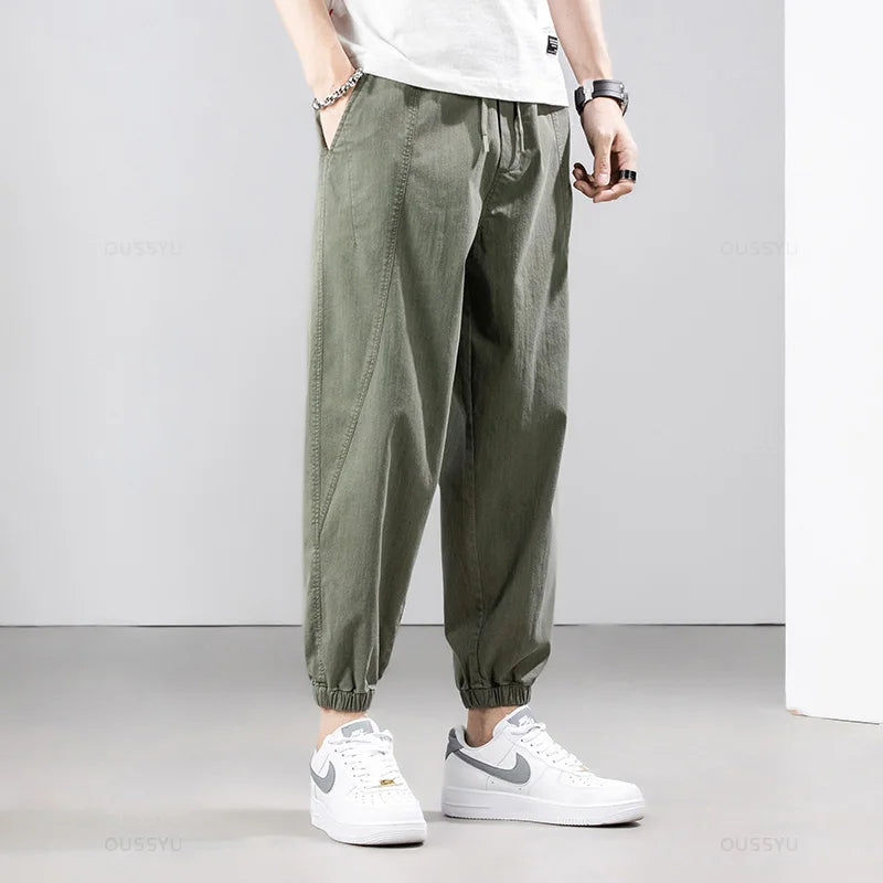 Summer Cotton Stretch Ankle Length Casual Pants Cargo Elastic Harem