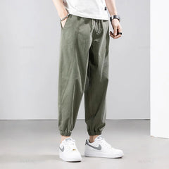 Summer Cotton Stretch Ankle Length Casual Pants Cargo Elastic Harem