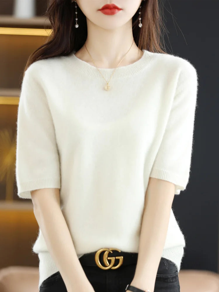 Short-sleeved Knitwear Women O-neck T-shirt Blend Pullover Sweater