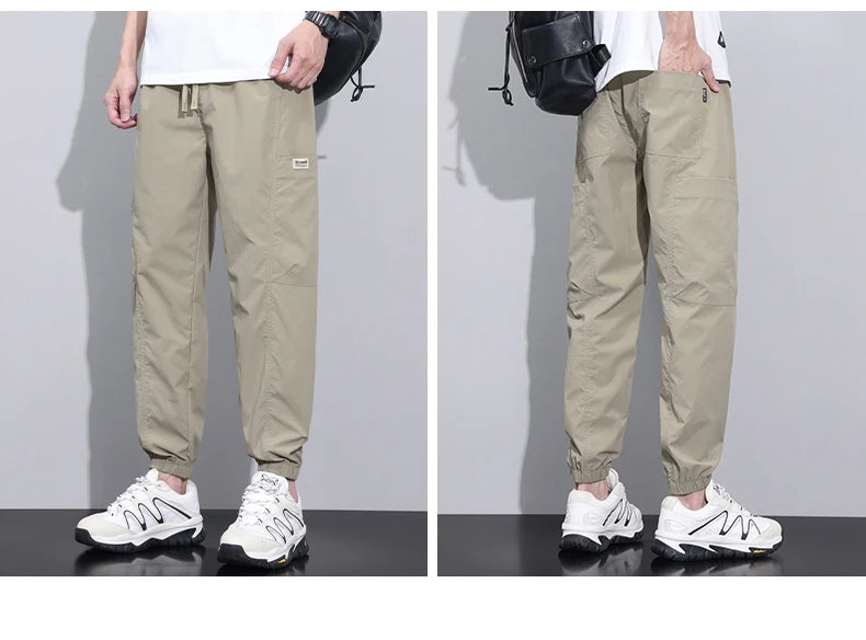 Men's Thin Ice Silk Casual Pants Elastic Waist Cargo Pants