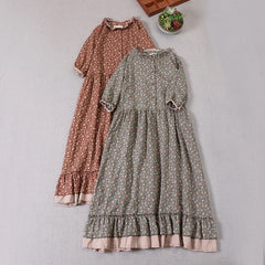 Vintage Floral Print Ruffled Cotton Retro A-line Dresses