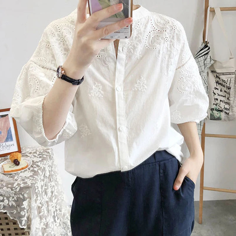 Floral Embroidery Tops Vintage Shirt Blouses