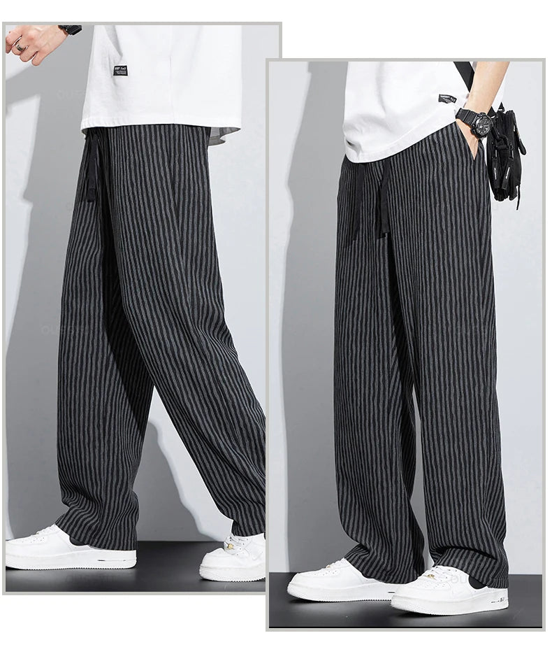 Summer Stripe Casual Pants Men Wear Loose Straight Wide Leg