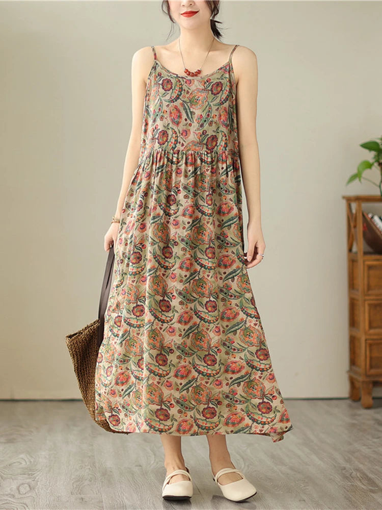 Summer Sleeveless Spaghetti Strap Print Vintage Long Dresses